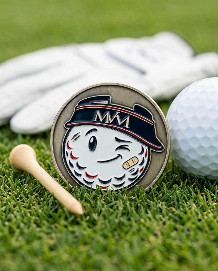 Mulligan golf ball marker in navy and burgundy print on grass with a wooden tee and golf glove