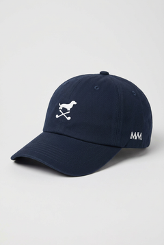 Color: Navy. Golf cap, angled side view with white Club Mark dachshund and MVM monogram