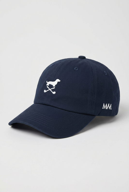Color: Navy. Golf cap, angled side view with white Club Mark dachshund and MVM monogram