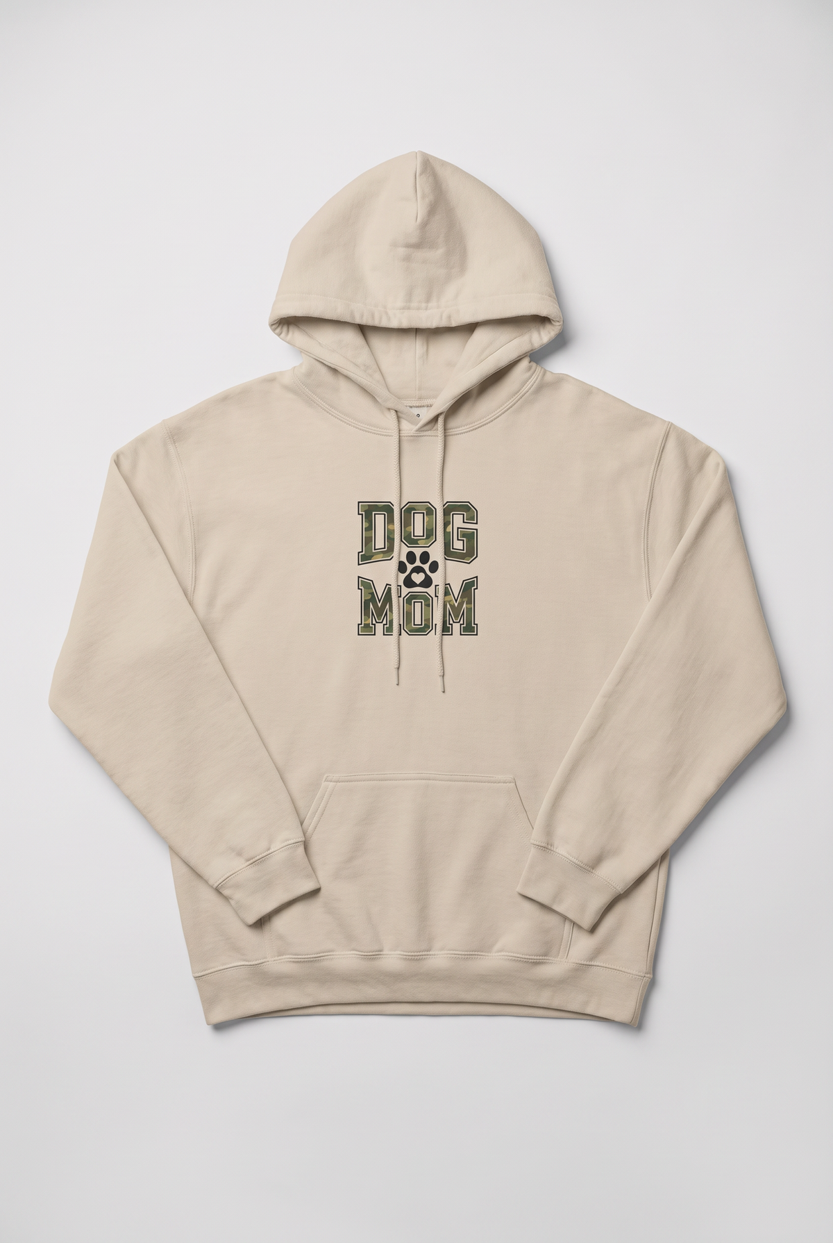 Camo Dog Mom hoodie in sand, flat lay. Color: Sand