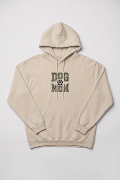 Camo Dog Mom hoodie in sand, flat lay. Color: Sand