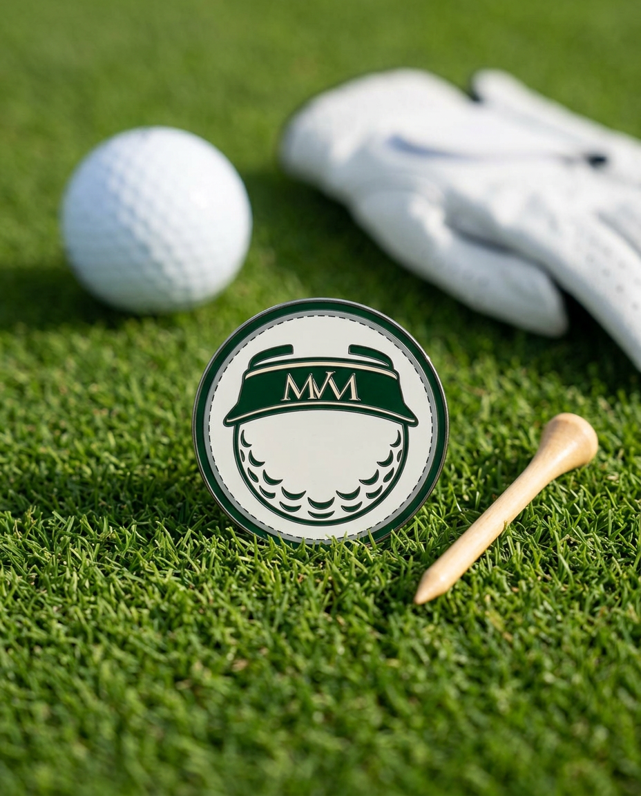 Visor Ball golf ball marker in forest green and cream print on grass with a wooden tee and golf glove