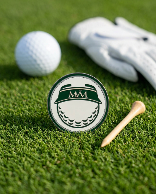 Visor Ball golf ball marker in forest green and cream print on grass with a wooden tee and golf glove