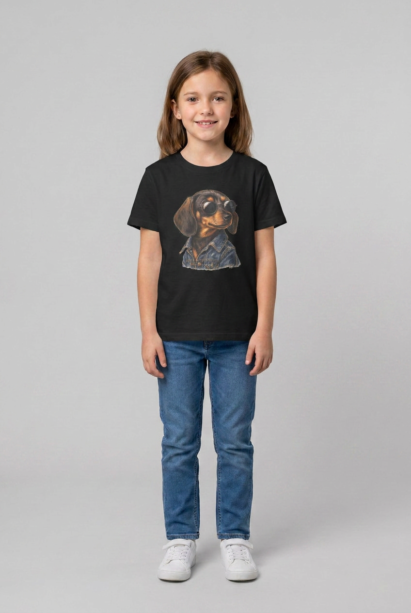 Mädchen trägt das schwarze Dackel Kinder T-Shirt mit dem Hundemotiv auf der Brust