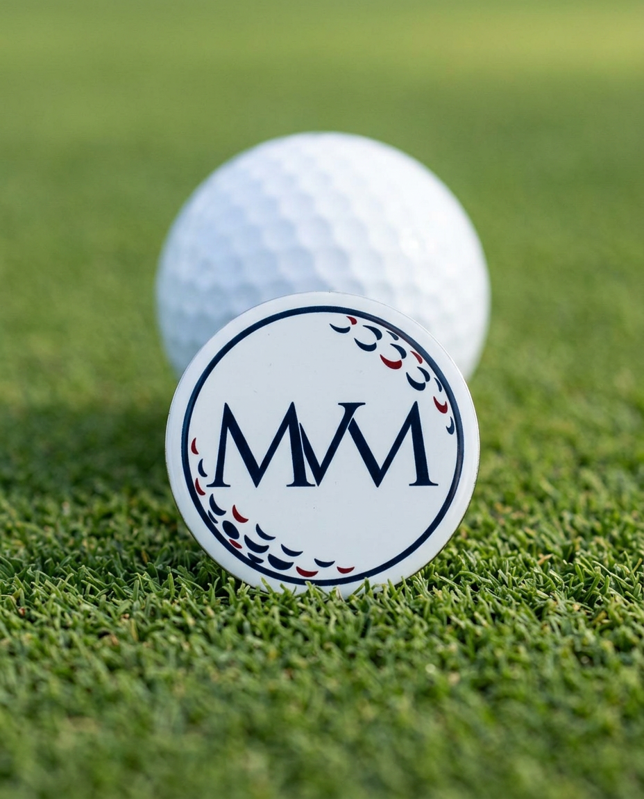 Pure Ball golf ball marker in navy and burgundy print on a putting green next to a golf ball