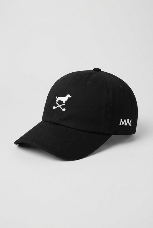 Color: Black. Golf cap, angled side view with white Club Mark dachshund and MVM monogram