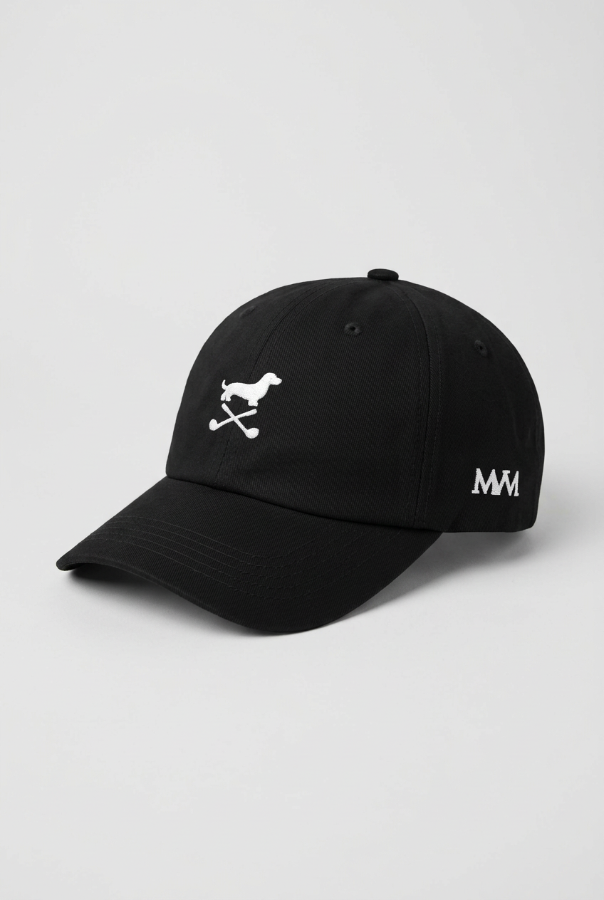 Color: Black. Golf cap, angled side view with white Club Mark dachshund and MVM monogram