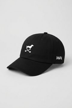 Color: Black. Golf cap, angled side view with white Club Mark dachshund and MVM monogram
