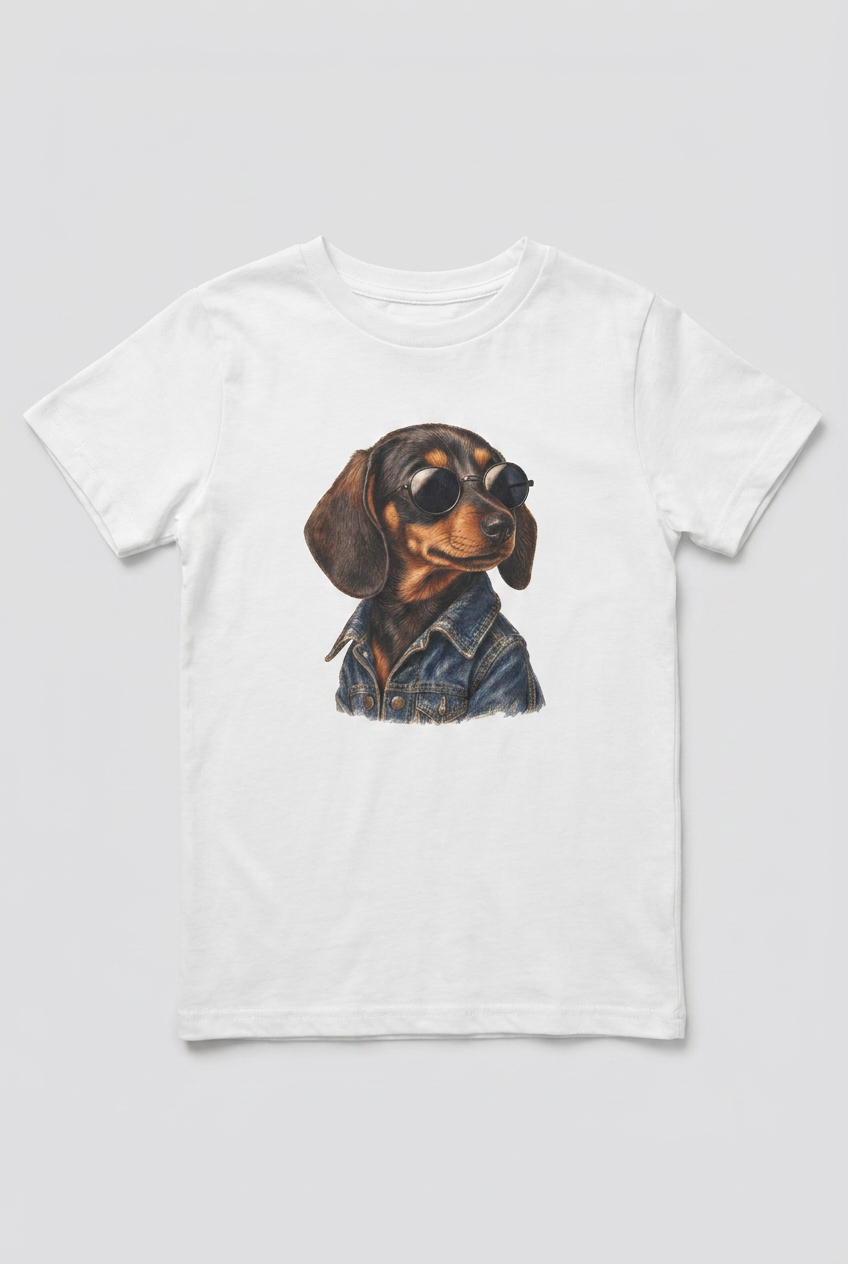 Weißes Dackel Kinder T-Shirt flach liegend mit dem Hundemotiv mittig auf der Brust