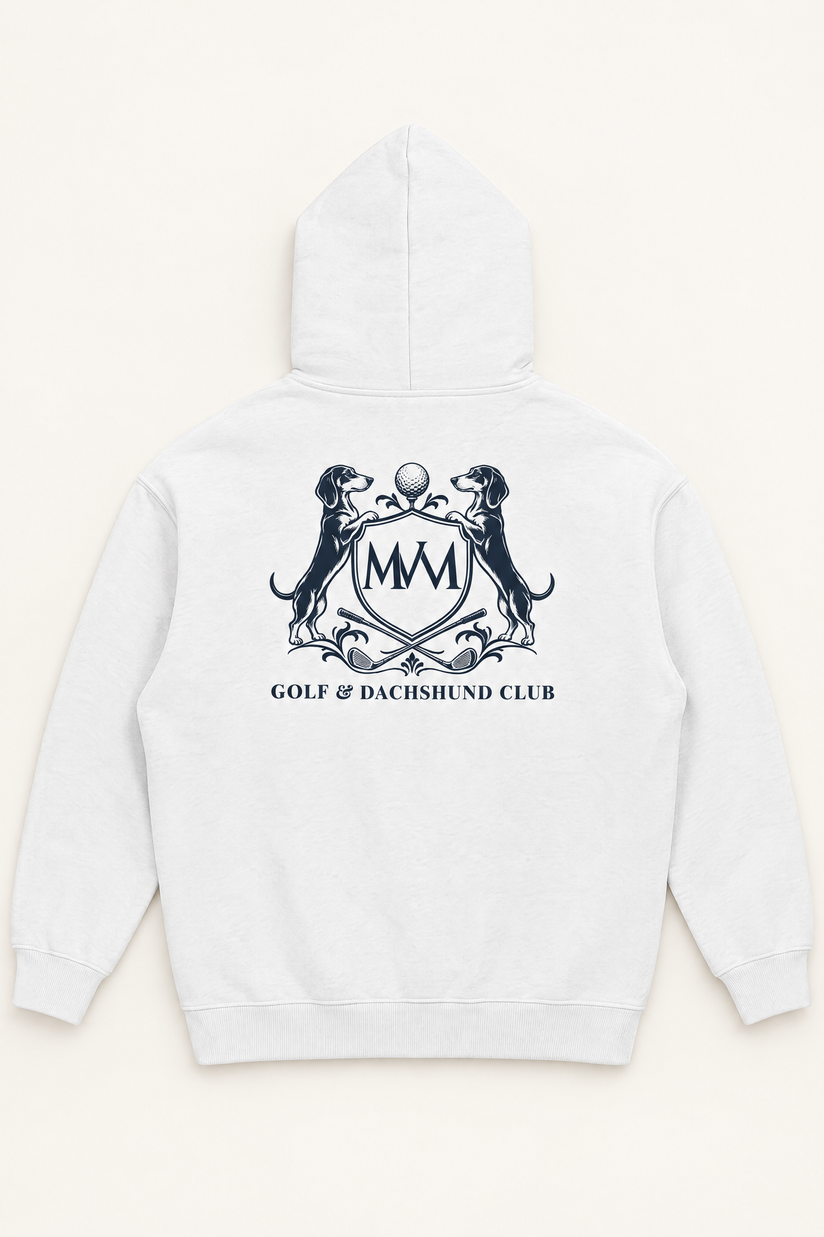Back of the white Club Crest hoodie with a large navy Golf & Dachshund Club crest below the hood, laid flat