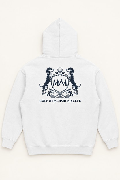 Back of the white Club Crest hoodie with a large navy Golf & Dachshund Club crest below the hood, laid flat