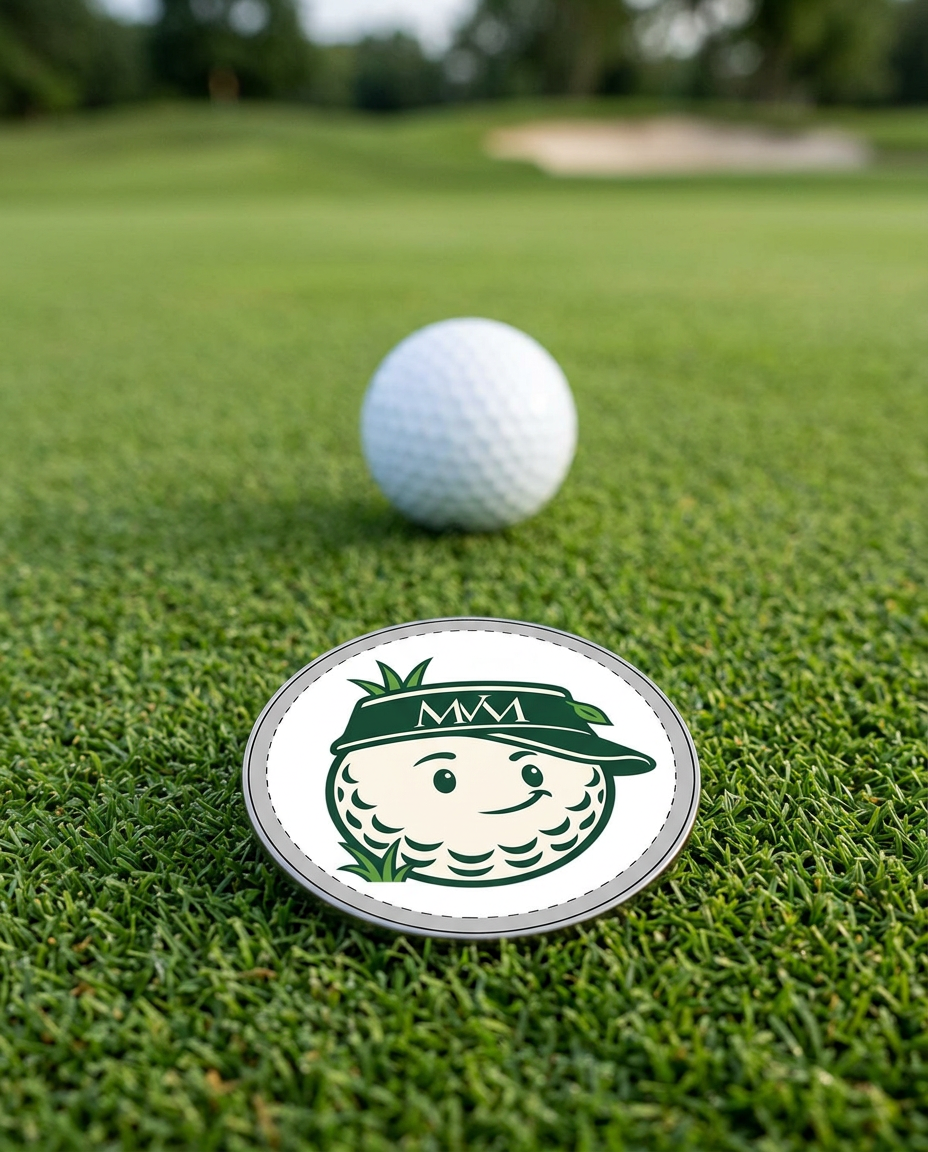 Rough Day golf ball marker in forest green and cream print on a putting green next to a golf ball