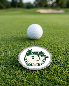 Rough Day golf ball marker in forest green and cream print on a putting green next to a golf ball