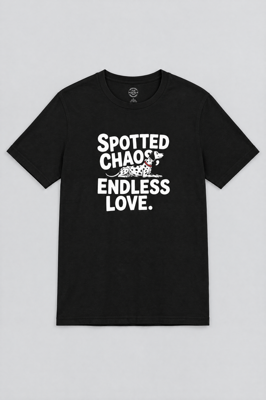 Black Spotted Chaos Dalmatian t-shirt flat lay. Color: Black