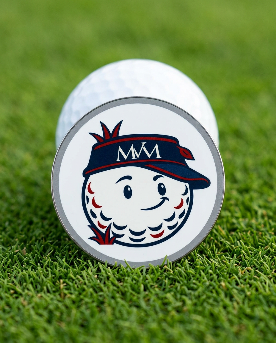 Rough Day golf ball marker in navy and burgundy print on a putting green next to a golf ball