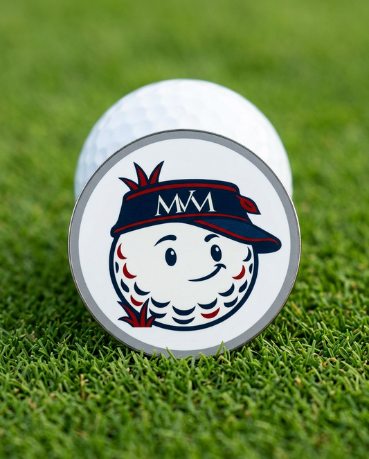 Rough Day golf ball marker in navy and burgundy print on a putting green next to a golf ball