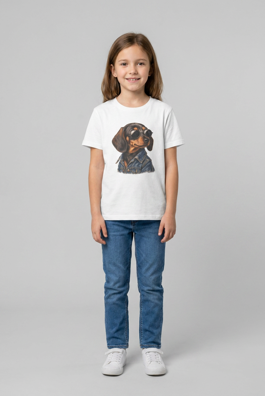 Mädchen trägt das weiße Dackel Kinder T-Shirt mit Hund in Sonnenbrille und Jeansjacke auf der Brust
