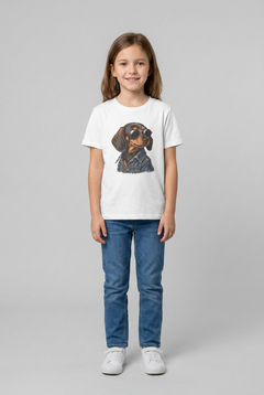 Mädchen trägt das weiße Dackel Kinder T-Shirt mit Hund in Sonnenbrille und Jeansjacke auf der Brust