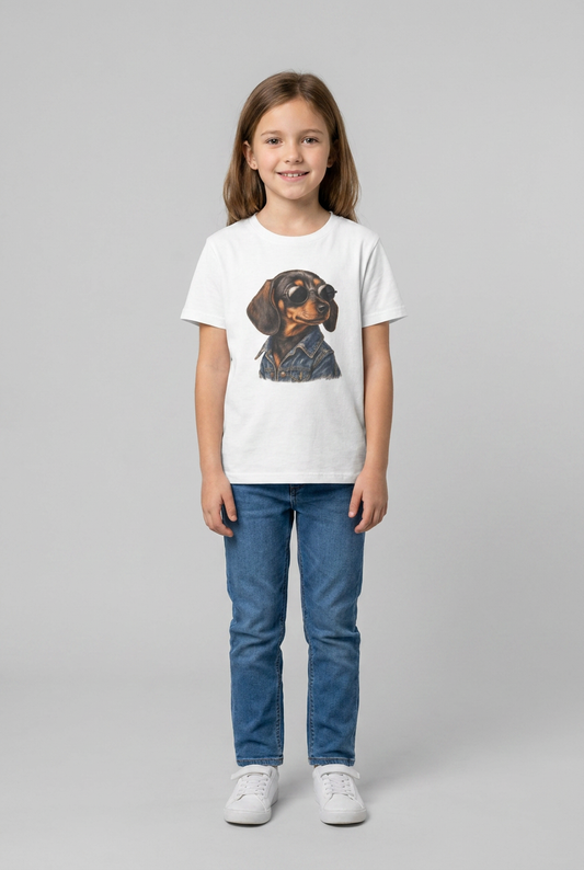 Girl wearing the white dachshund kids t-shirt with a wiener dog in sunglasses and a denim jacket printed on the chest