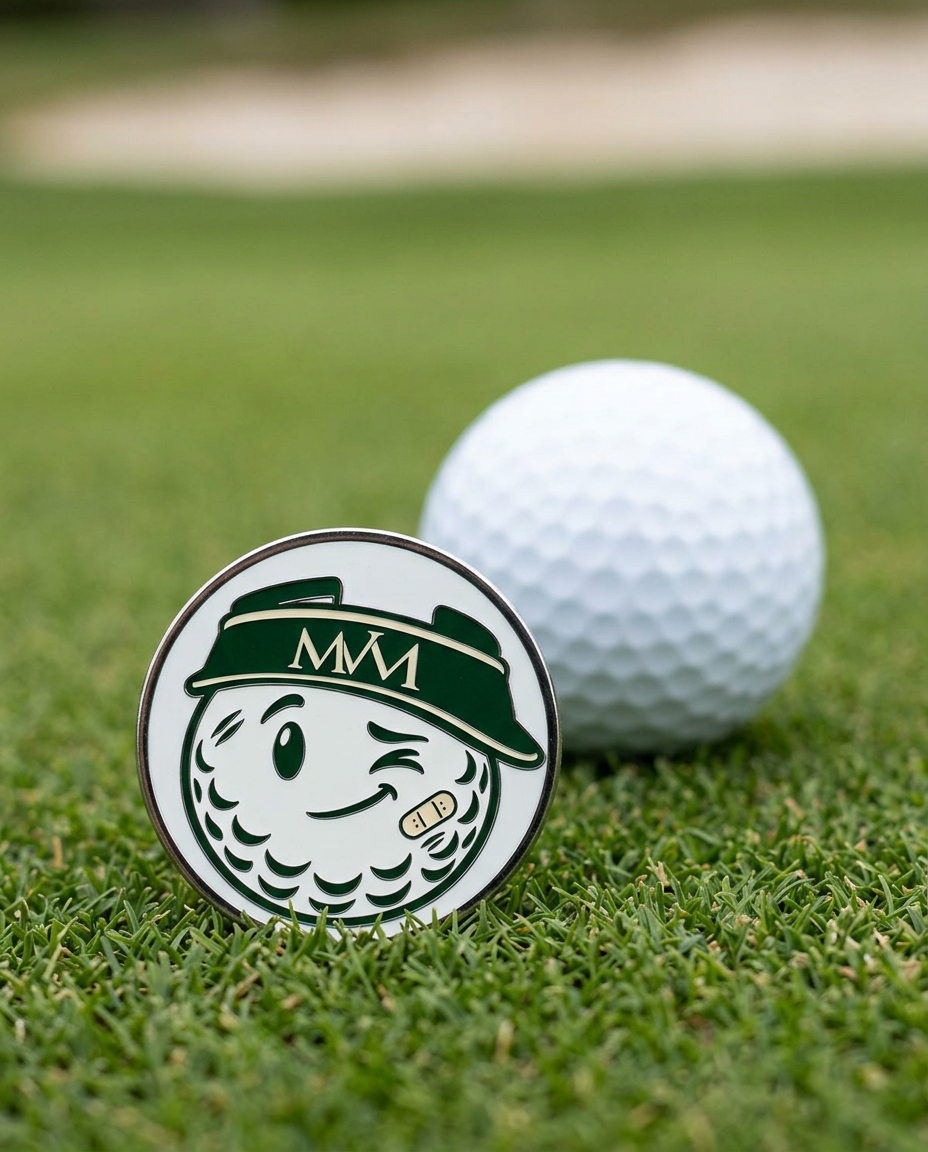 Mulligan golf ball marker in forest green and cream print on a putting green next to a golf ball