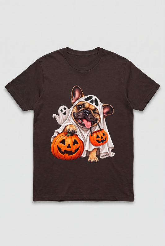 Flat lay of a dark chocolate French Bulldog ghost Halloween t-shirt with a Frenchie in a ghost costume and a pumpkin candy bucket