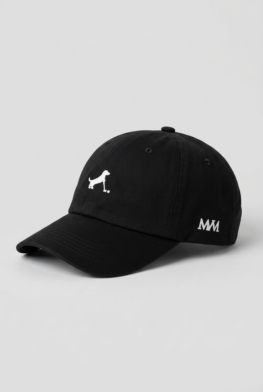 Color: Black. Golf cap, angled side view with white Putting dachshund and MVM monogram