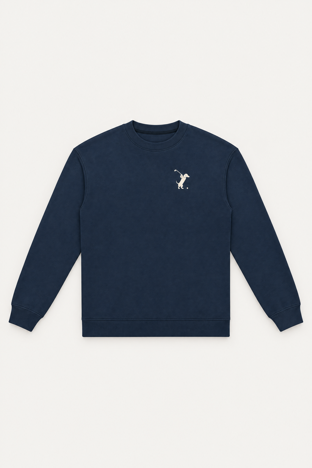 Navy Swing dachshund golf sweatshirt laid flat, front view on warm off-white background. Color: Navy