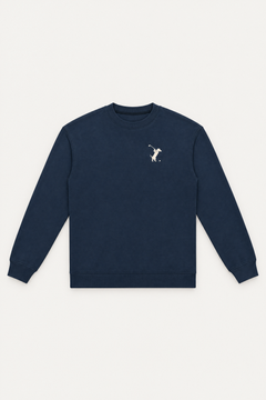 Navy Swing dachshund golf sweatshirt laid flat, front view on warm off-white background. Color: Navy