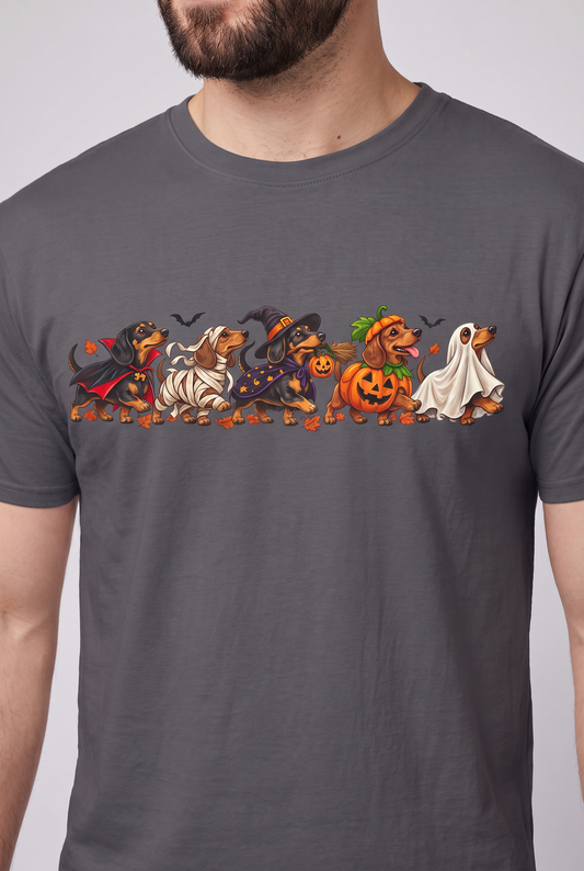 Close-up of the chest print on a charcoal dachshund Halloween costume parade t-shirt with five wiener dogs dressed as vampire, mummy, witch, pumpkin and ghost