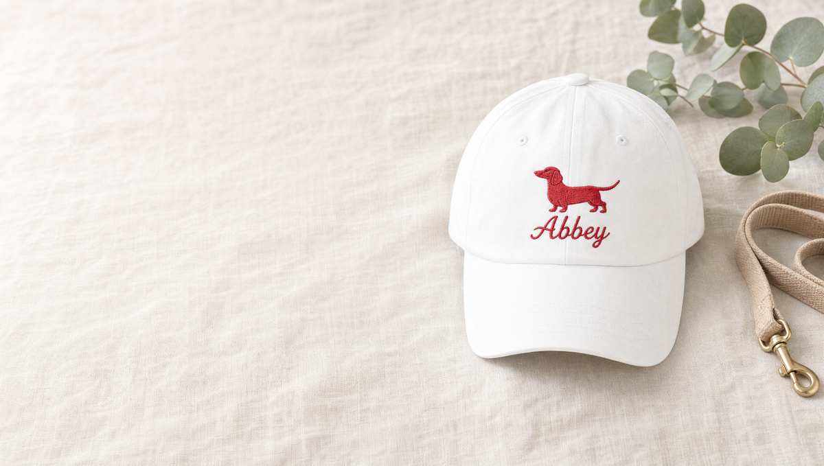 Personalized white dachshund dad cap with embroidered name Abbey, wide lifestyle banner