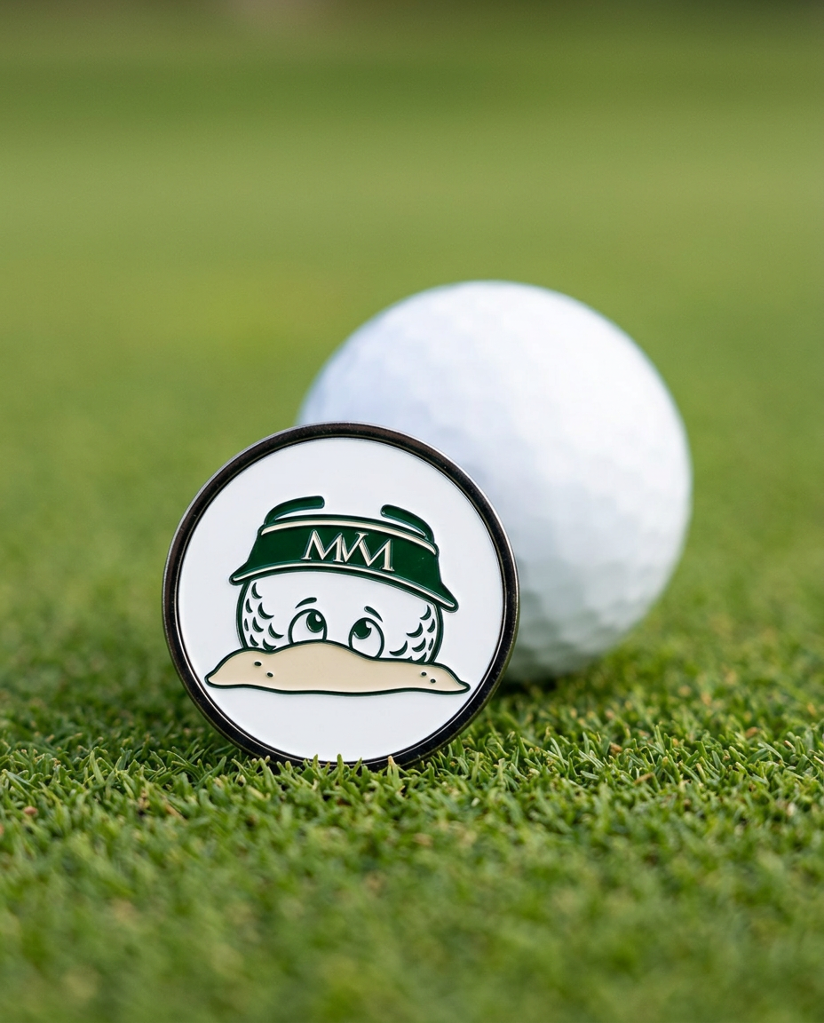 Bunker Buddy golf ball marker in forest green and cream print on a putting green next to a golf ball