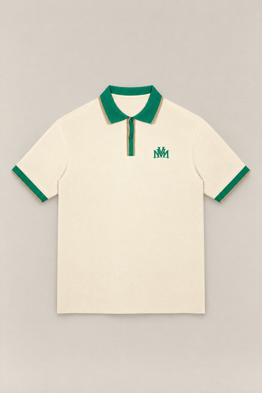 Club Crest color block polo in apricot with green collar, placket and cuffs, front view packshot. Color: Apricot with Green