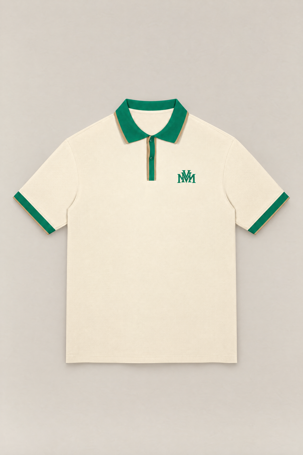 Club Crest color block polo in apricot with green collar, placket and cuffs, front view packshot. Color: Apricot with Green