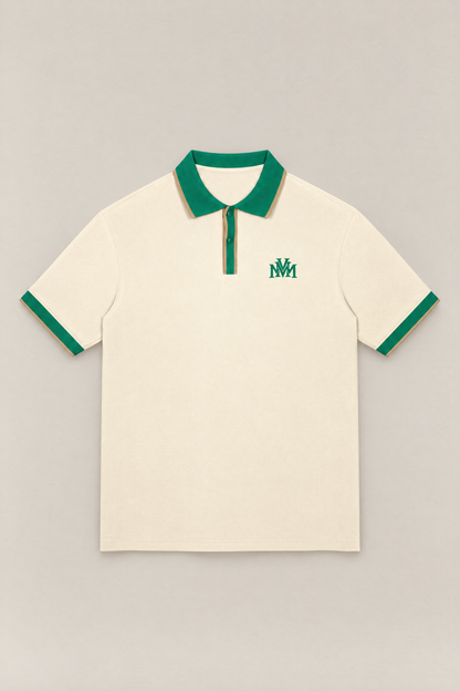 Club Crest color block polo in apricot with green collar, placket and cuffs, front view packshot. Color: Apricot with Green