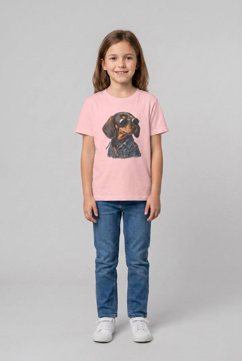 Mädchen trägt das rosa Dackel Kinder T-Shirt mit dem Hundemotiv auf der Brust