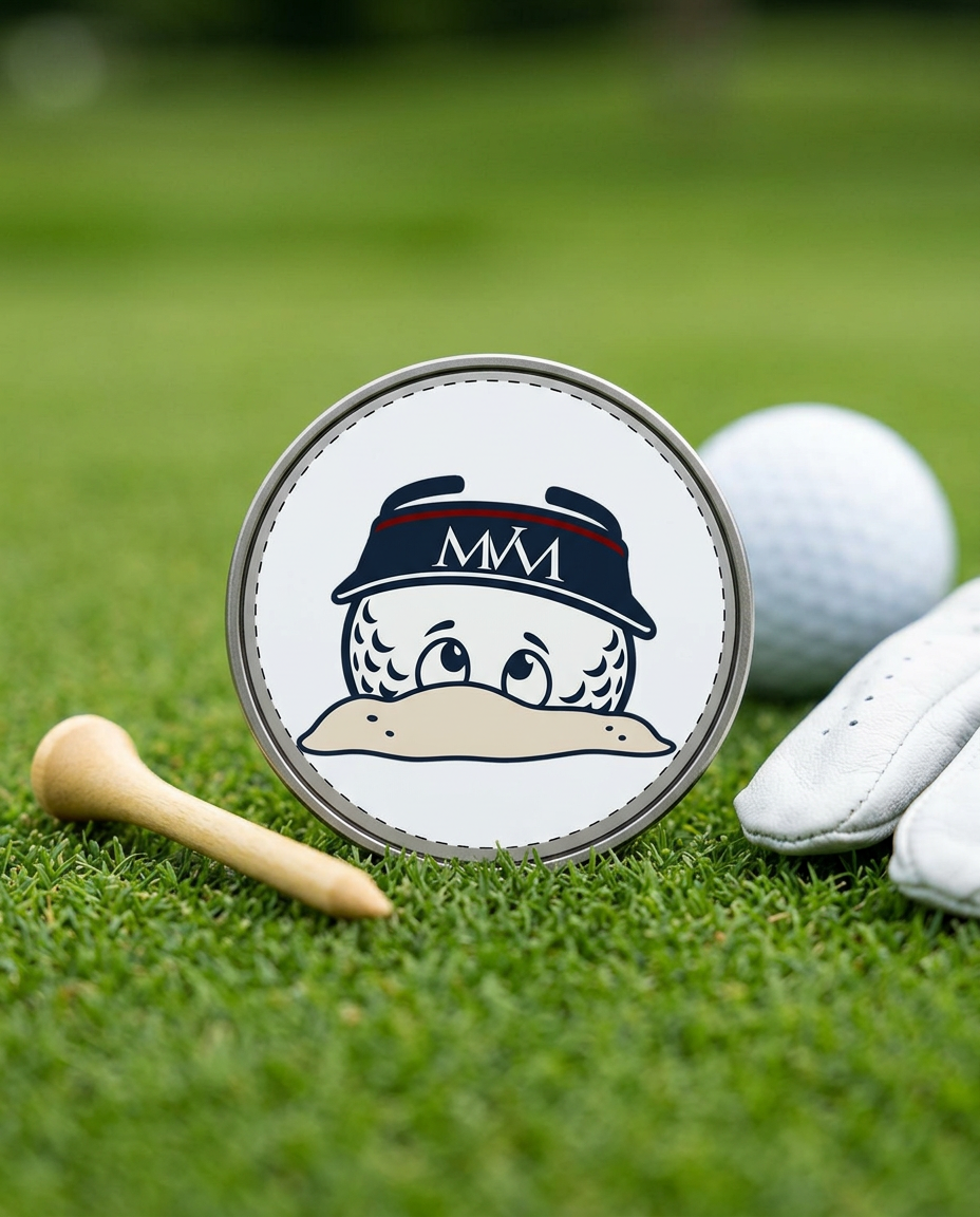 Bunker Buddy golf ball marker in navy and burgundy print on grass with a wooden tee and golf glove