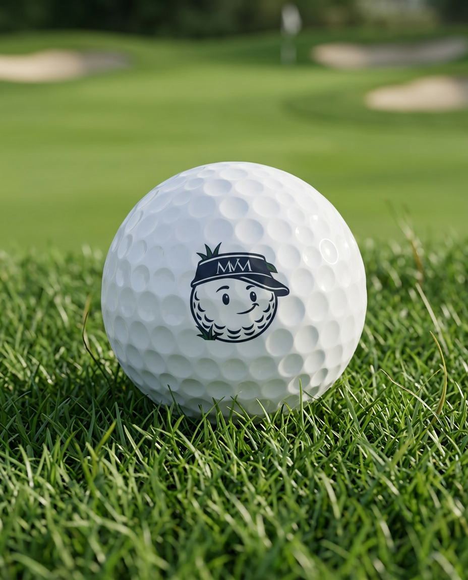 Rough Day golf ball in navy and cream print, close-up on green grass