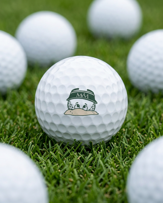 Bunker Buddy golf ball in forest green and cream print, close-up on green grass