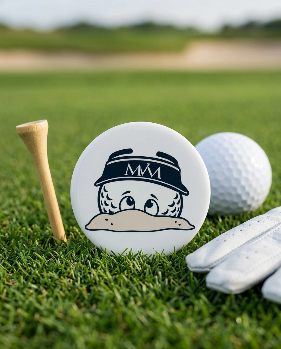Bunker Buddy golf ball marker in navy and cream print on grass with a wooden tee and golf glove