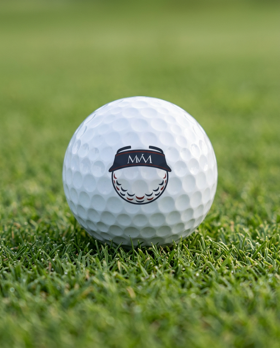 Visor Ball golf ball in navy and burgundy print, close-up on green grass