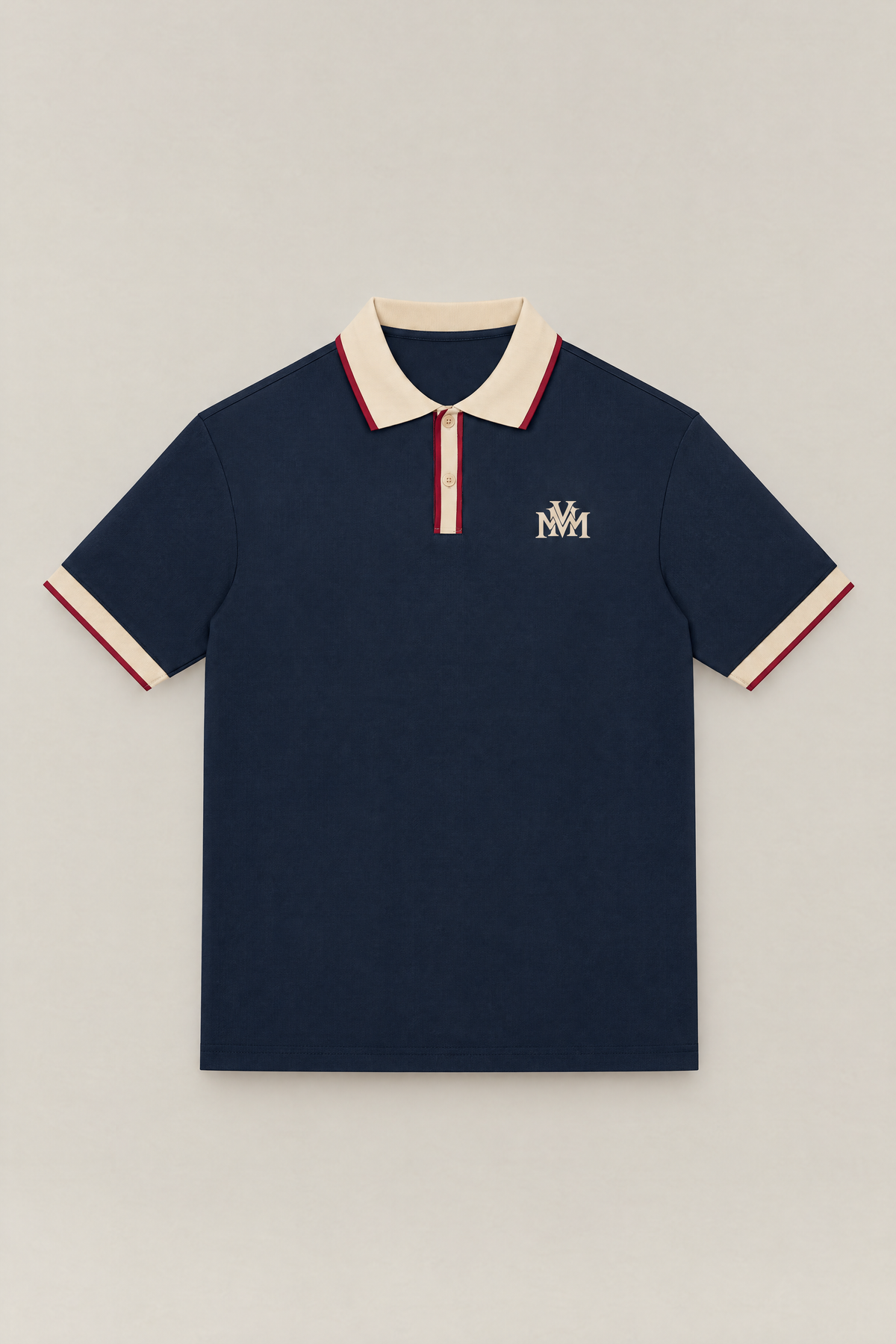 Club Crest color block polo in navy with apricot collar, placket and cuffs, front view packshot. Color: Navy Blue with Apricot