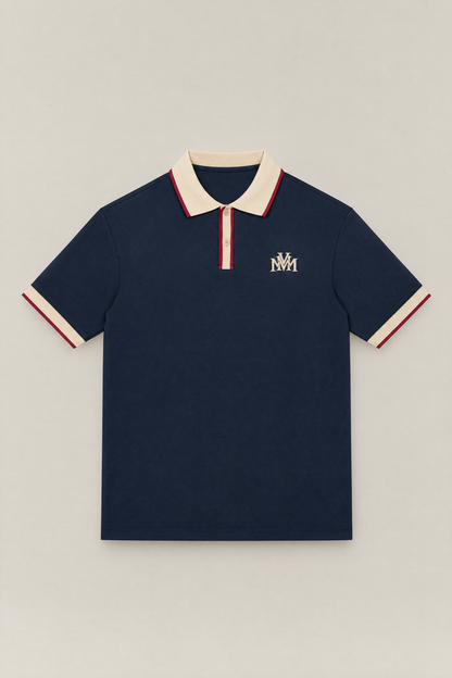 Club Crest color block polo in navy with apricot collar, placket and cuffs, front view packshot. Color: Navy Blue with Apricot