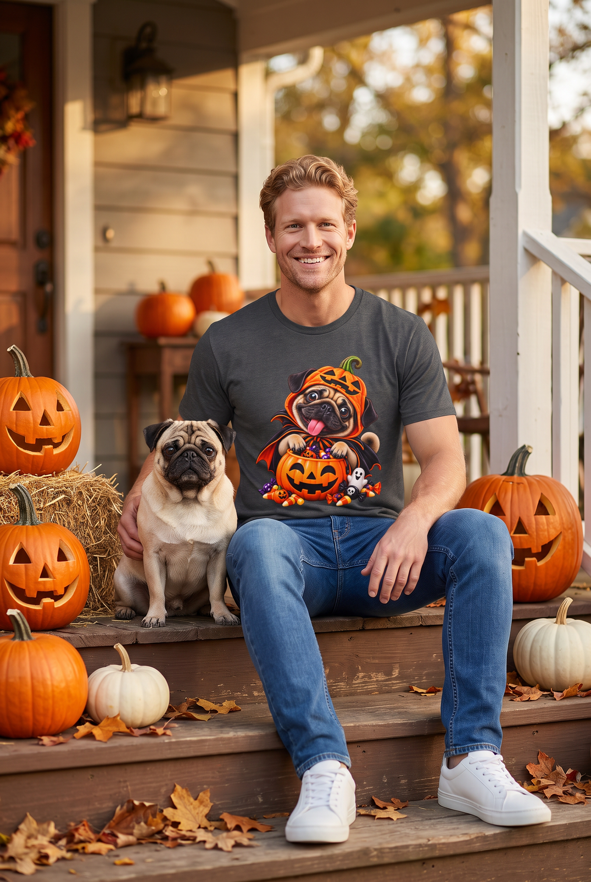 Man in a dark heather pug Halloween t-shirt with a pug in a pumpkin costume and candy bucket sitting on a fall porch with a pug and pumpkins