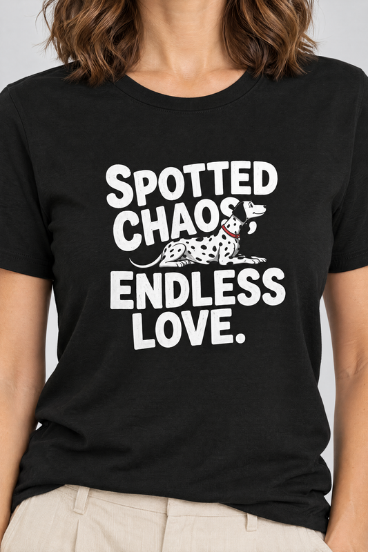 Close-up of the Spotted Chaos Endless Love Dalmatian print on a black t-shirt. Color: Black