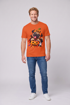 Man wearing an orange pug Halloween t-shirt with a pug in a pumpkin costume and candy bucket, front view