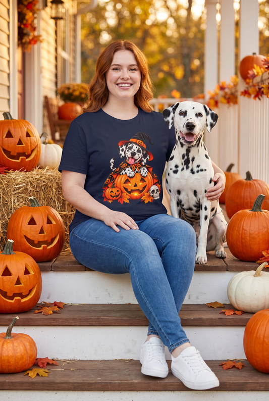 Frau im Dalmatiner Hexen Halloween T-Shirt in Navy mit Dalmatiner in Hexenhut und Kürbis-Umhang auf einer Kürbislaterne, auf einer Herbstveranda mit einem Dalmatiner und Kürbissen