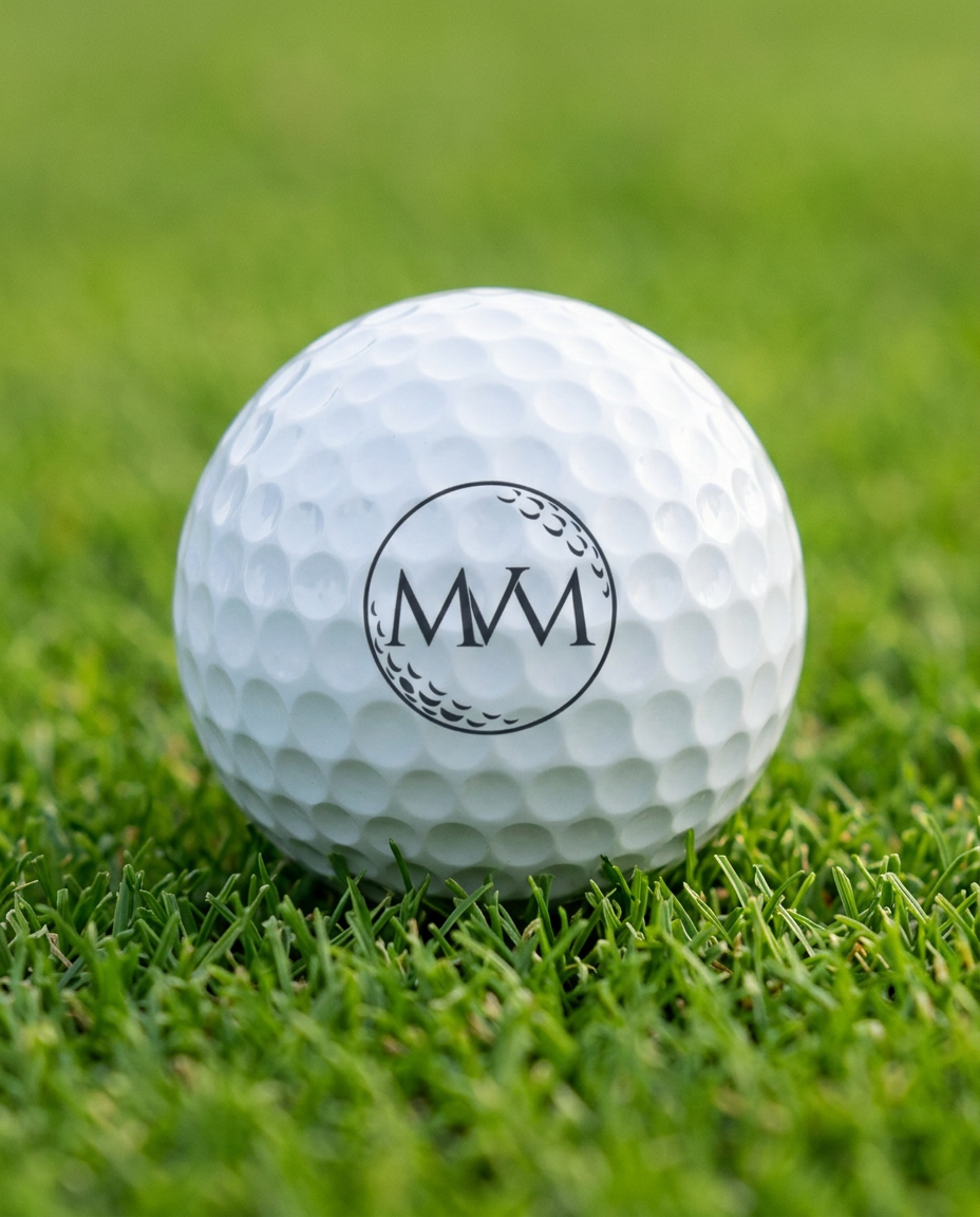 Pure Ball golf ball in navy and cream print, close-up on green grass