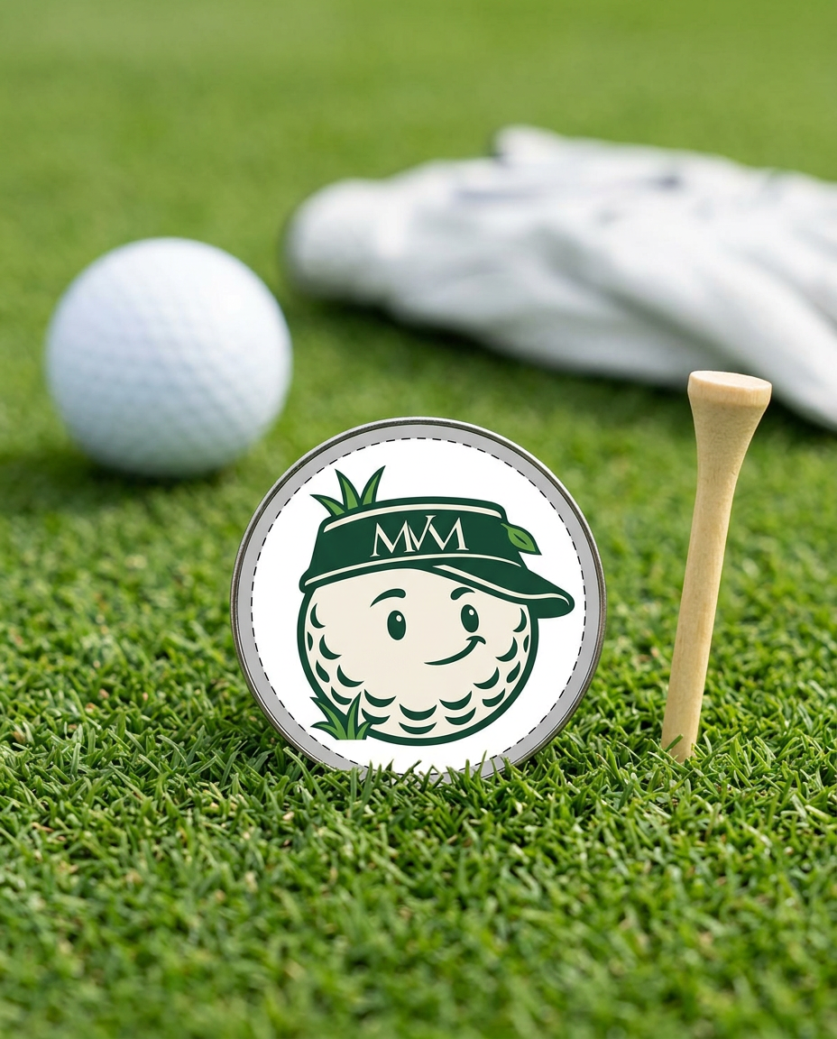 Rough Day golf ball marker in forest green and cream print on grass with a wooden tee and golf glove