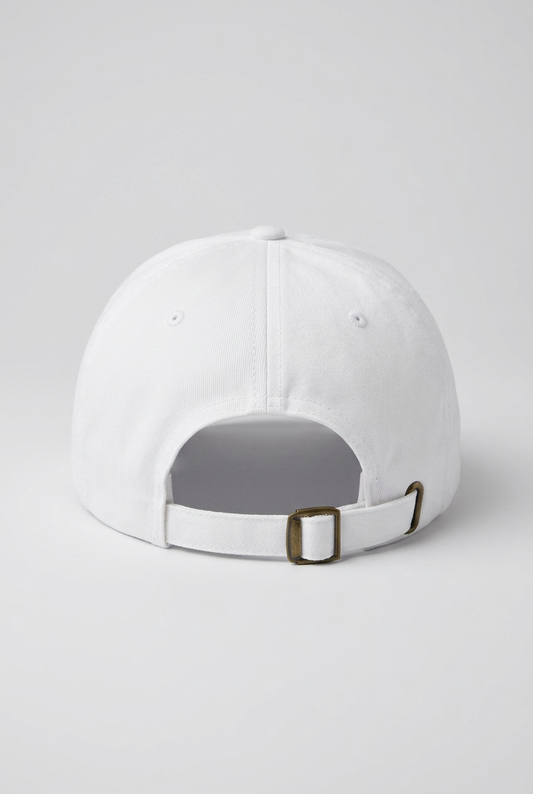 Color: White. White golf cap, back view with adjustable brass buckle strap