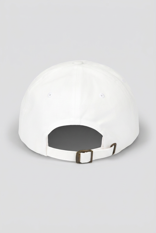 Color: White. White golf cap, back view with adjustable brass buckle strap